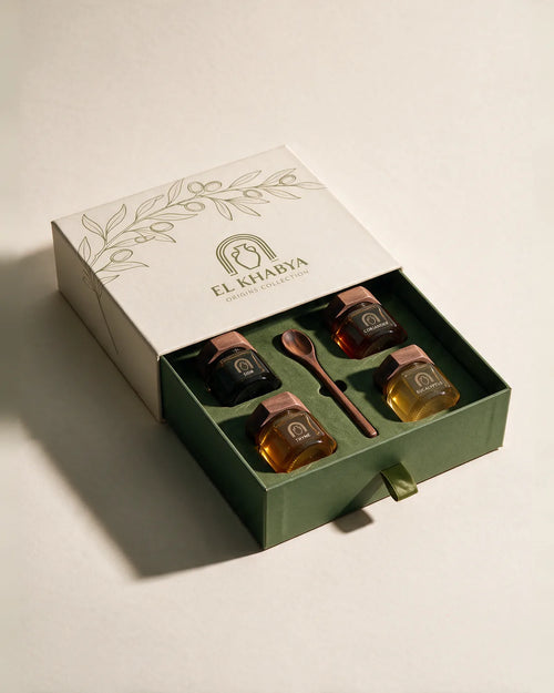 Origins Collection — open El Khabya gift box with four pure Tunisian honeys